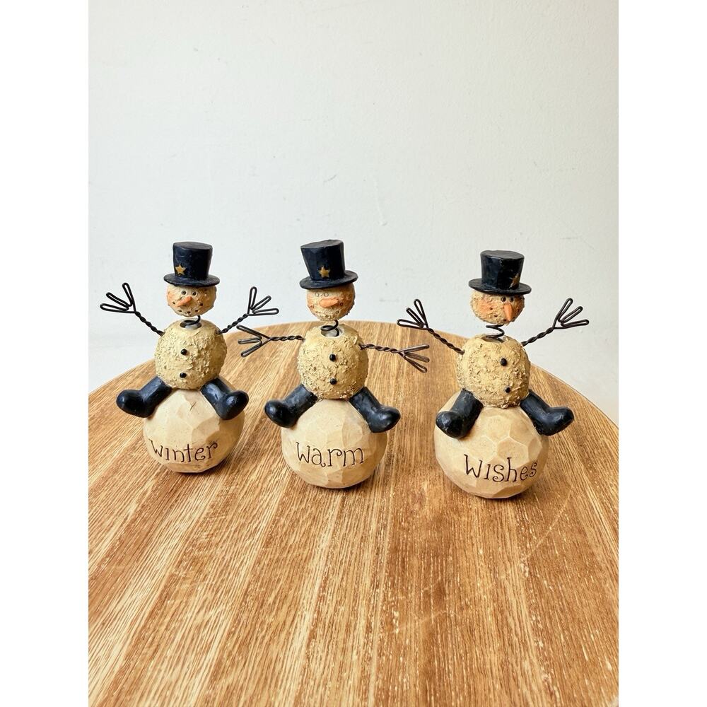Vtg Blossom Bucket Suzi Skoglund Snowman Figurine Set Saying Winter, Warm Wishes